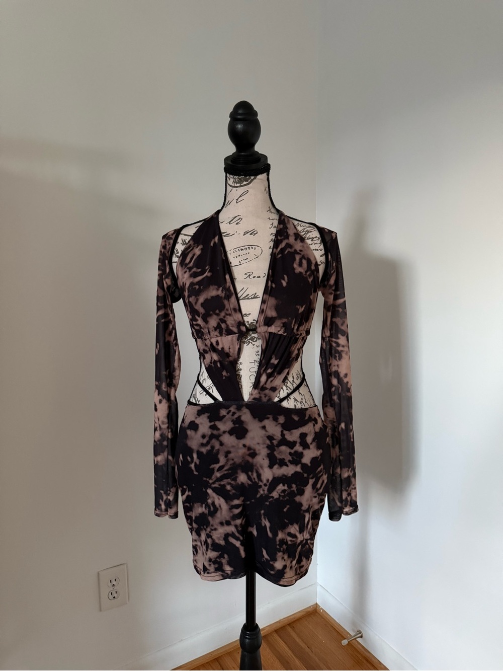 EGO Black and Taupe Plunge Cutout Mini Dress with matching Bolero